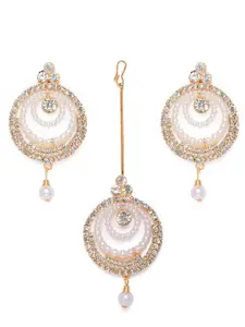Kord Store Gold-Plated Circular Shape Stone Studded Earrings with Maang Tikka Set