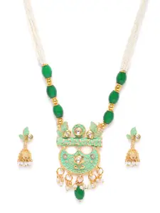 Kord Store Green Gold Plated Lariyat Meenakari Chand Shape Necklace & Jhumka Earrings Set