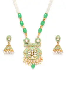 Kord Store Green Gold Plated Lariyat Meenakari Kundan Haram Necklace & Earrings Set