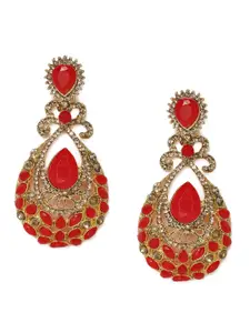 Kord Store Red Gold-Plated Studded Teardrop Shaped Drop Earrings