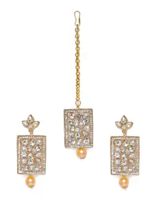 Kord Store Gold-Plated Square Shape Stone Studded Earrings with Maang Tikka Set