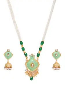 Kord Store Green Gold Plated Lariyat Beaded Haram Necklace & Jhumka Earrings Set