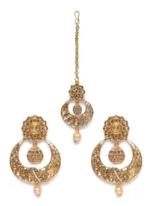 Kord Store Gold-Plated Stone Studded Chandbali Earrings with Maang Tikka Set