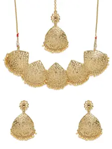 Kord Store Gold Plated Filigree Design Latkan Pearls Necklace, Earrings & Maang Tika Set