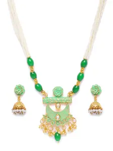 Kord Store Green Gold Plated Chand Shape Lariyat Haram Necklace & Jhumka Earrings Set