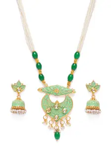 Kord Store Green Gold Plated Chand Shape Lariyat Haram Necklace & Jhumka Earrings Set