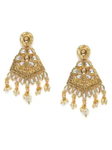 Kord Store White & Gold-Plated Stone Studded Leaf Shaped Drop Earrings