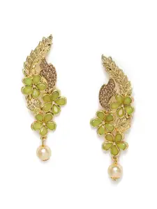 Kord Store Green & Gold-Plated Stone Studded Floral Drop Earrings