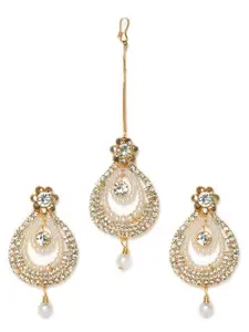 Kord Store Gold-Plated Pear Shape Drop Earrings with Maang Tikka Set