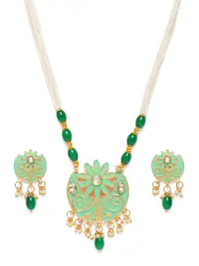 Kord Store Green Gold Plated Chand Shape Lariyat Haram Necklace & Earrings Set