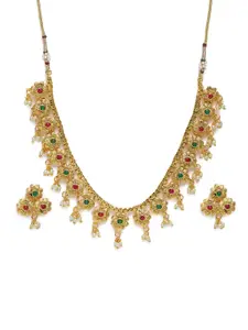 Kord Store Gold Plated Floral Design Latkan Pearl Matinee Necklace & Earrings Set