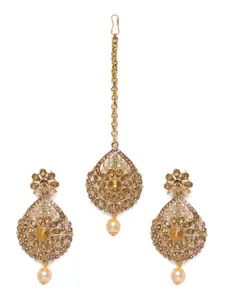 Kord Store Gold-Plated Teardrop Shape Stone Studded Earrings with Maang Tikka Set
