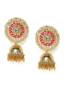Kord Store Red Gold-Plated Meenakari Studded Dome Shaped Jhumkas