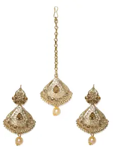 Kord Store Gold-Plated Oval Shape Drop Earrings with Maang Tikka Set