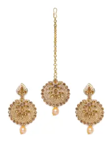 Kord Store Gold-Plated Circular Shape Stone Studded Earrings with Maang Tikka Set