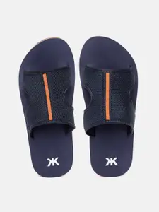 Kook N Keech Men Navy Blue & Orange Self Design Sliders with Cut Out Detail