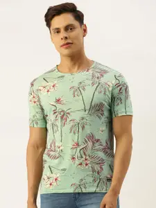 Flying Machine Men Green & Pink Pure Cotton Tropical Print Round Neck T-shirt