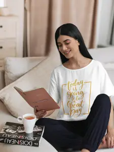 Tokyo Talkies Women White & Mustard Yellow Printed Lounge Top