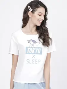 Tokyo Talkies Women White Printed Lounge Top