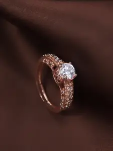 I Jewels Rose Gold-Plated Cubic Zirconia Studded Adjustable Finger Ring