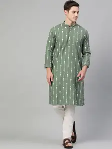 See Designs Men Green & White Printed Pure Cotton Straight Kurta