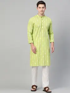 See Designs Men Lime Green & White Printed Pure Cotton Straight Kurta