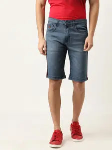 Campus Sutra Men Blue Solid Regular Fit Denim Shorts with Side Stripes