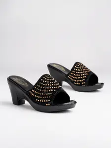 Shoetopia Women Black & Gold-Toned Embellished Sandals
