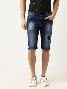Campus Sutra Men Navy Blue Washed Low Distress Regular Fit Denim Shorts