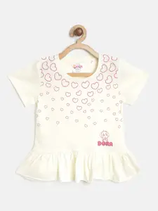 toothless Girls Off-White & Pink Pure Cotton Heart Printed A-Line Top
