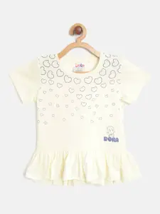 toothless Dora Girls Off-White & Navy Blue Pure Cotton Heart & Dora Printed A-Line Top