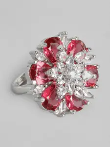 justpeachy Red & Silver-Toned Rhodium-Plated AD Studded Floral Adjustable Finger Ring
