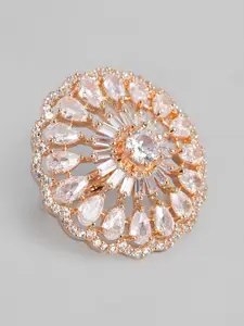 justpeachy White Rose Gold Plated Stone Studded Circular Shape Non-Adjustable Finger Ring
