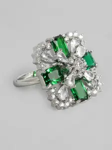 justpeachy Green & Silver-Toned Rhodium-Plated Embellished Finger Ring