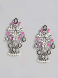 justpeachy Pink Silver-Plated Enamelled Studded Dome Shaped Jhumkas