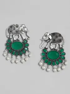 justpeachy Green Silver-Plated Oxidised Oval Drop Earrings