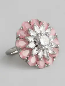 justpeachy Silver-Toned & Pink Rhodium-Plated Embellished Finger Ring