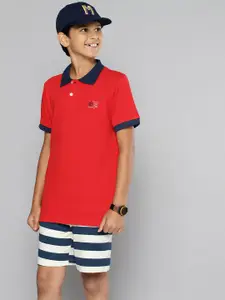YK Boys Red & Navy Blue Cotton T-shirt with Striped Shorts
