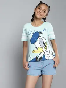YK Disney Girls Blue Donald Duck Print Round Neck Pure Cotton T-shirt