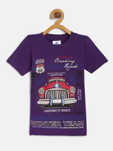 TONYBOY Boys Purple Printed Round Neck Cotton T-shirt
