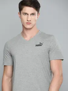 Puma Men Grey Melange Solid ESS V-Neck Pure Cotton T-shirt