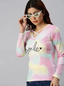 JUNEBERRY Women Multicoloured Dyed V-Neck T-shirt
