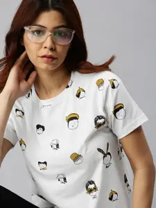 JUNEBERRY Women White Cotton Quirky Print T-shirt