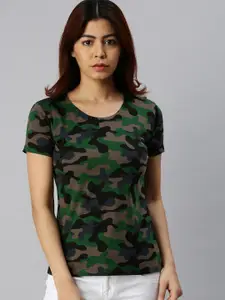JUNEBERRY Women Green & Black Cotton Camouflage Printed Round Neck T-shirt