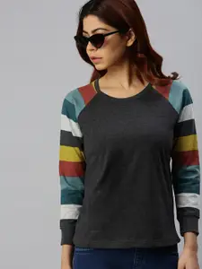 JUNEBERRY Women Charcoal Grey Solid Round Neck T-shirt