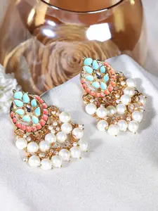 Rubans 18K Gold Plated SkyBlue & Pink Enamel and Pearl Beaded Handpainted Chandbali Earring