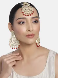 I Jewels Gold Plated Kundan Pearl Studded Chandbali Maang Tika with Earrings