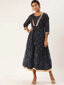 all about you Navy Blue Solid A-Line Midi Dress with Ethnic Jacket