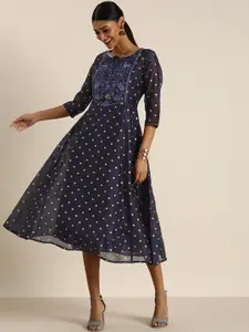 all about you Navy Blue & Gold-Toned Polka Dots Printed Midi Dress