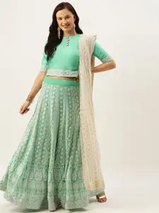 Ethnovog Green  Off-White Embroidered Made to Measure Lehenga  Blouse with Dupatta